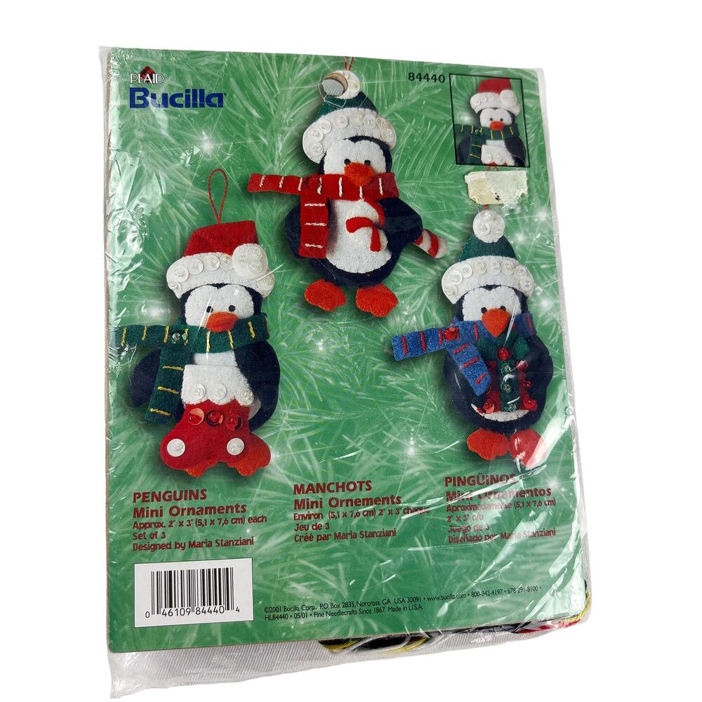 Bucilla Penguins Mini Ornament Kit VTG 2001 Set of 3 Felt Christmas Craft 84440